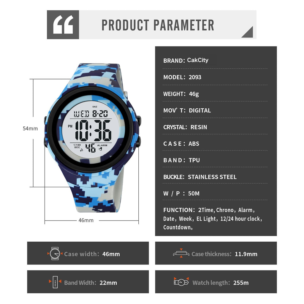 CakCity Mens Digital Watch Waterproof Watches for Swimming Tactical Watches for Men Military Blue Camouflage Watches for Men,5ATM,TPU Strap - CakCity Watches