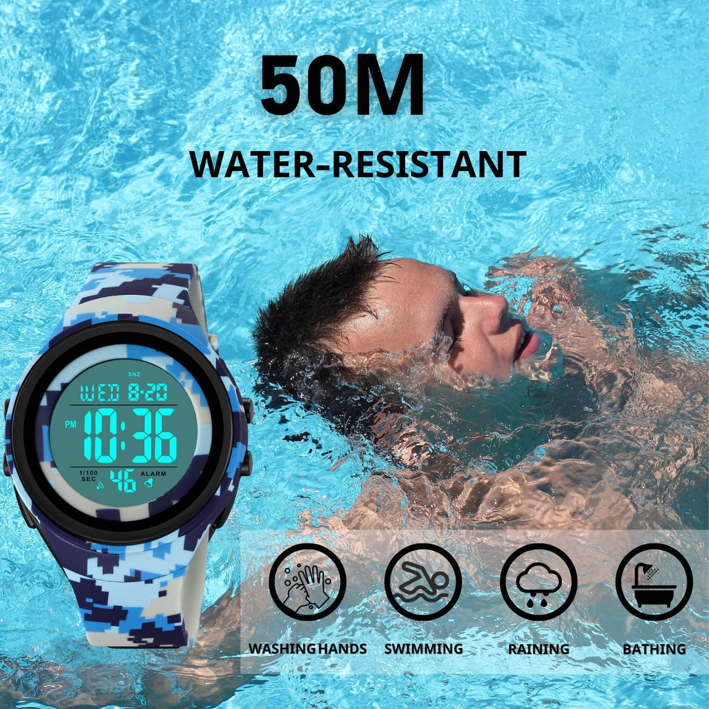CakCity Mens Digital Watch Waterproof Watches for Swimming Tactical Watches for Men Military Blue Camouflage Watches for Men,5ATM,TPU Strap - CakCity Watches