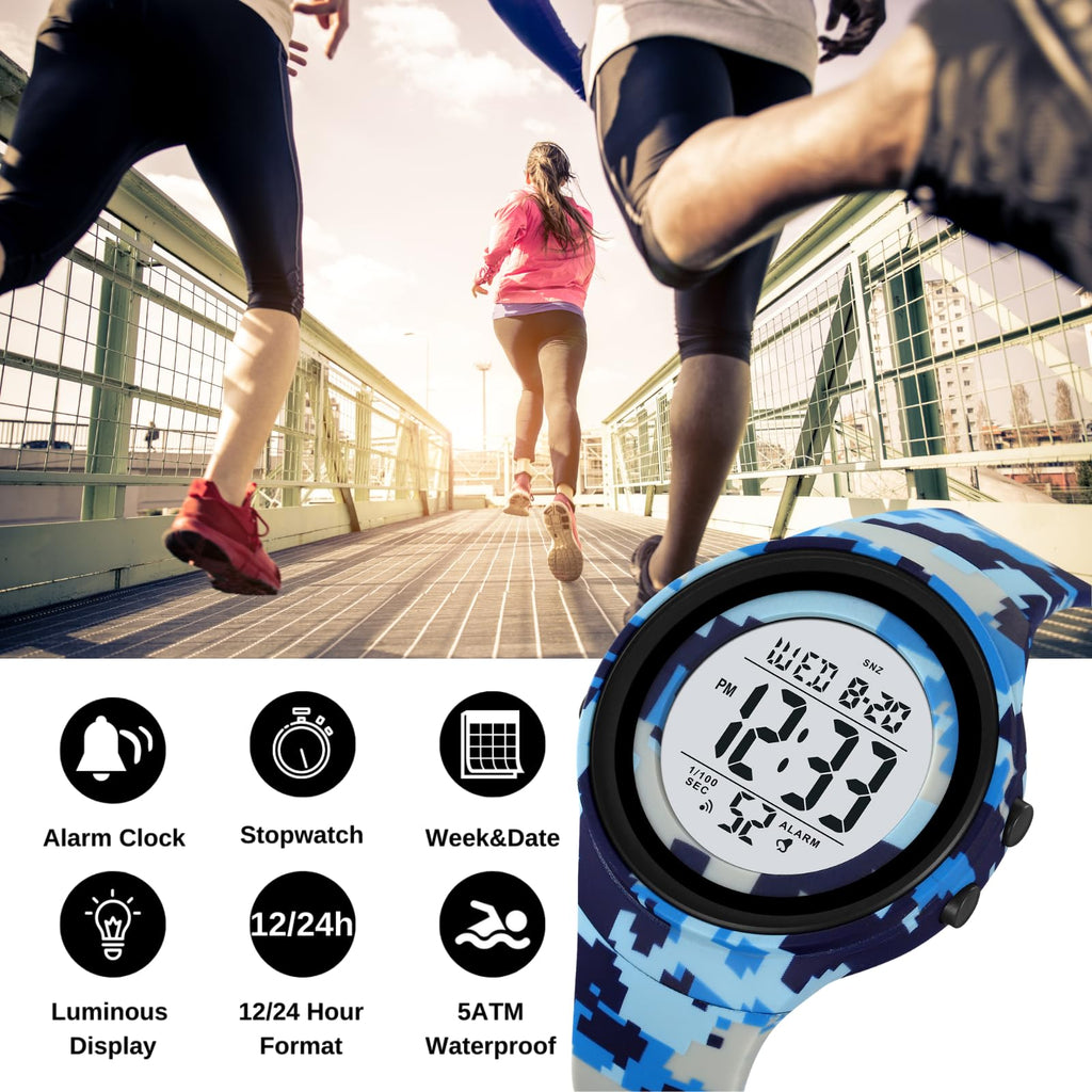 CakCity Mens Digital Watch Waterproof Watches for Swimming Tactical Watches for Men Military Blue Camouflage Watches for Men,5ATM,TPU Strap - CakCity Watches