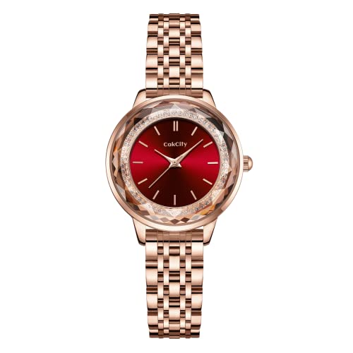 CakCity Ladies Watches for Women Rose Gold Strap Large Face Watches Easy Read Classic Analog Quartz Wrist Watches Red Watches for Women - CakCity Watches