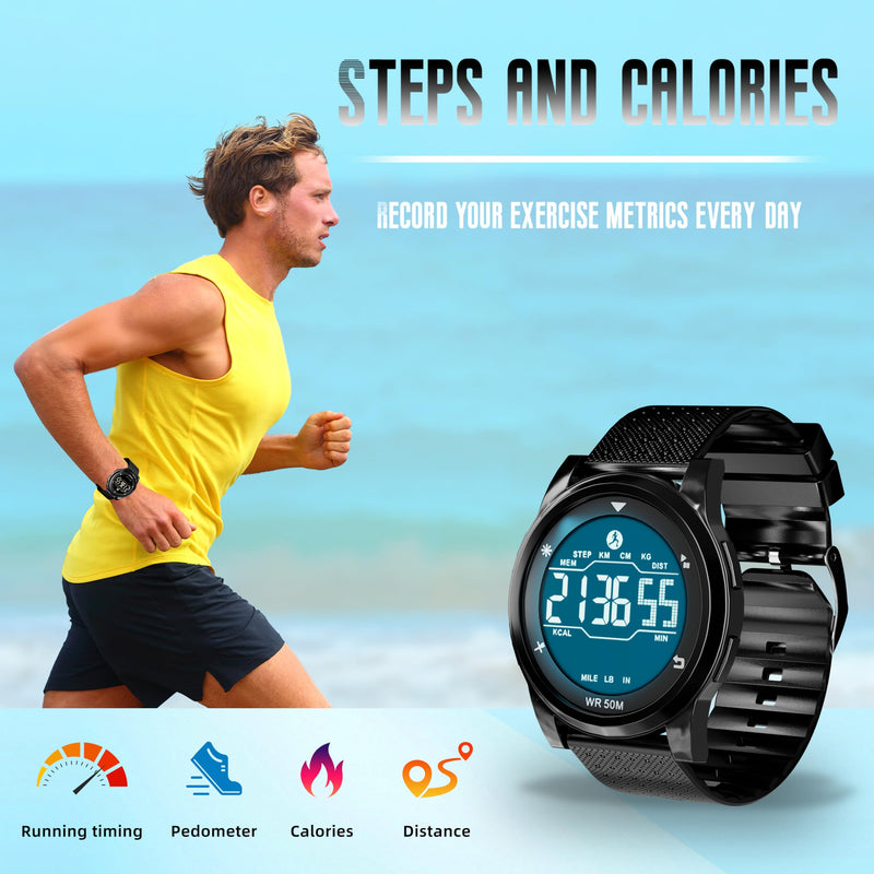 CakCity Digital Sports Watch Ultra-Thin Watches for Men with Black Alloy Dial, Waterproof, Military Time, Alarm, Pedometer and Breathable Band, Wrist Watch for Men and Women.